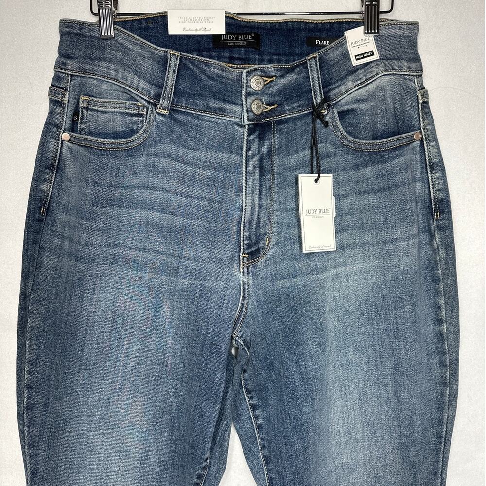 Judy Blue Sz 14W High Waist Flare Jeans Tall Double Button Tinted Blue Denim - Picture 2 of 15